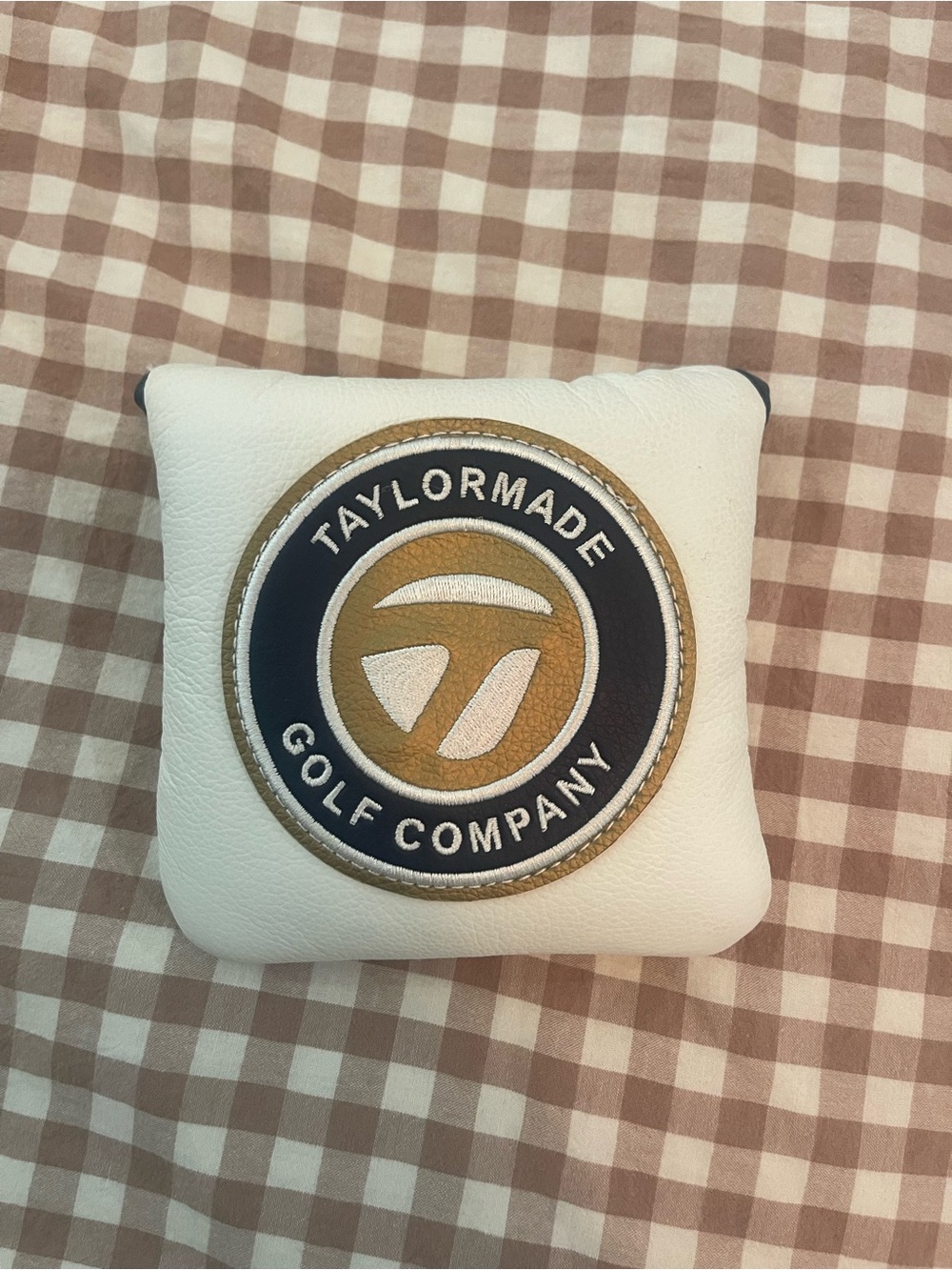 TaylorMade White Leather Putter Headcover with Gold and Navy Emblem